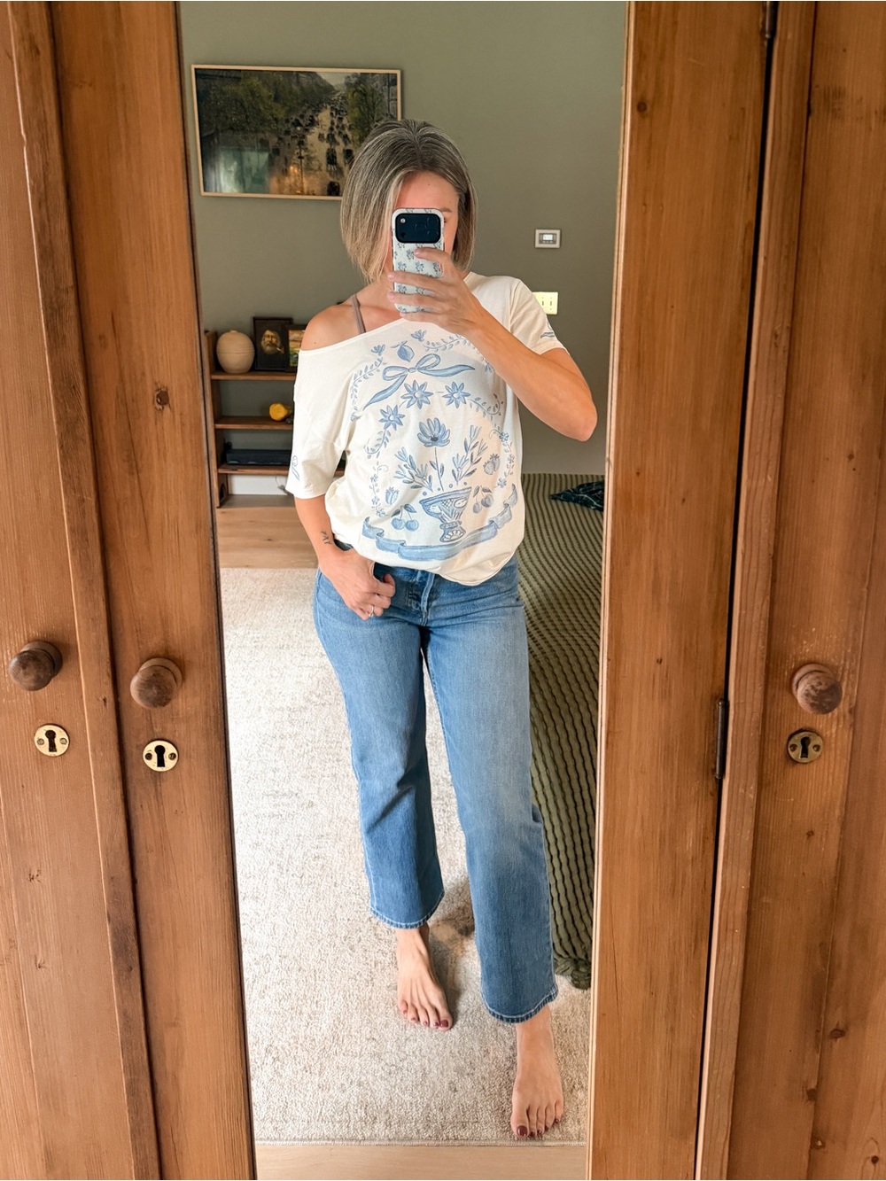 Hollister Blue Toile Graphic Tee XS Off Shoulder Bow Floral Cottagecore